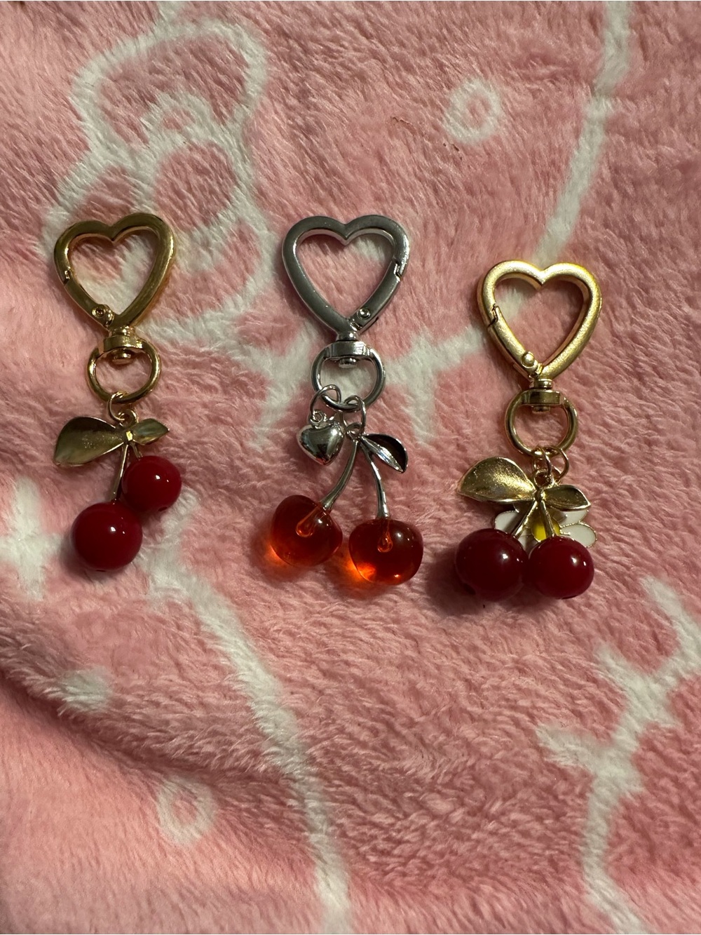 Cherry Heart Keychain Trio - Red & Gold/Silver